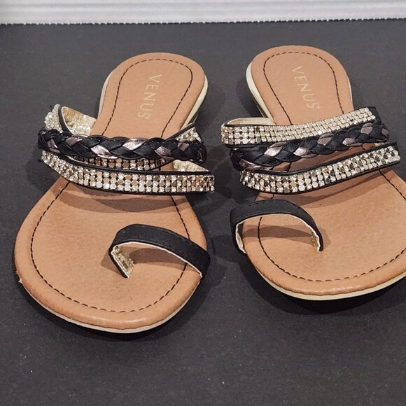 Venus Multicolored Bling Silver Black Rhinestone & Sequin Toe Loop Sandals Sz 7 - Picture 6 of 6